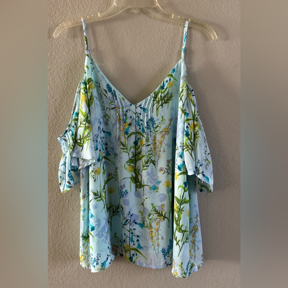 Adelyn Rae Women’s Floral Cold Shoulder Blouse Flutter Sleeve Aqua Top Sz Large
